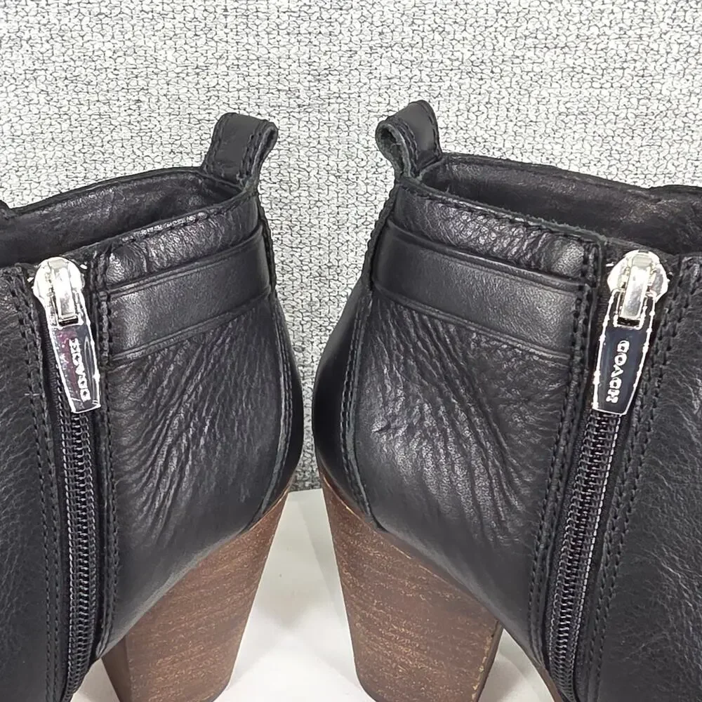 COACH HEWES BLACK LEATHER ANKLE BOOT SIDE ZIP WOOD HEEL WOMEN'S SIZE 5B A6841
